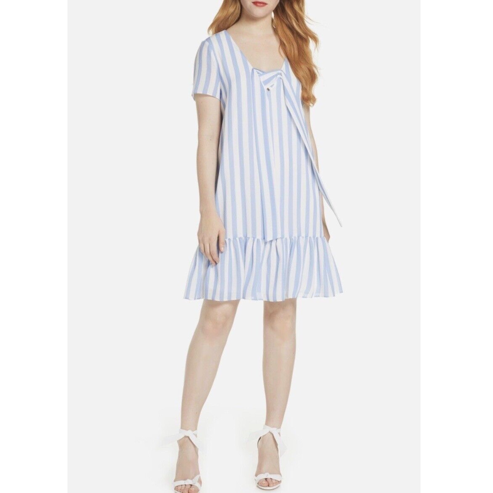 Avec Les Filles Striped Ruffle Hem Shift Dress Size 6 Sky Blue White Nwt